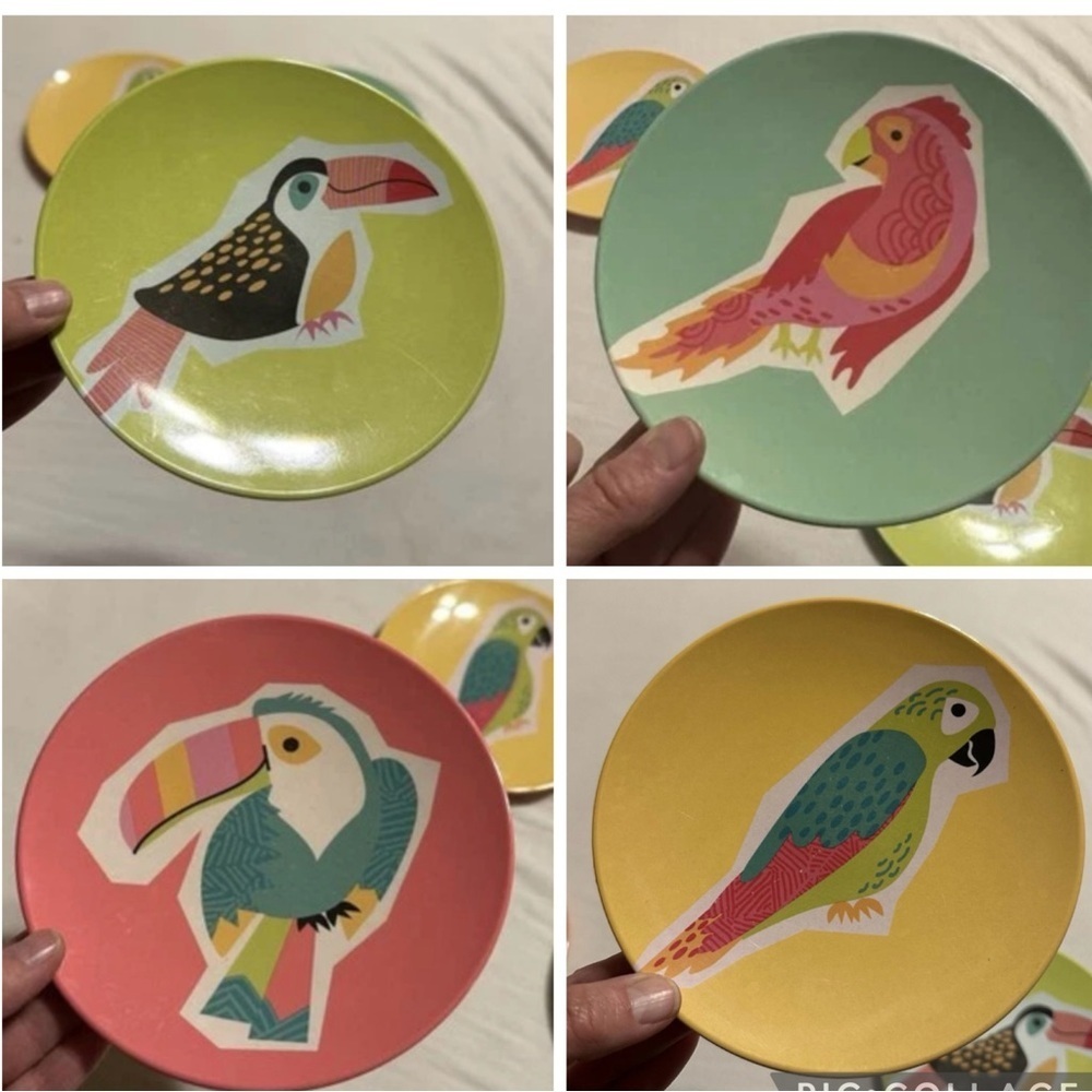 Issac Mizrahi Plates Melamine Colorful Bird-Themed Dessert Beach House Coast 6”